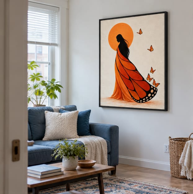 Customer photo review of Orange Butterfly Dress Woman Canvas Wall Art