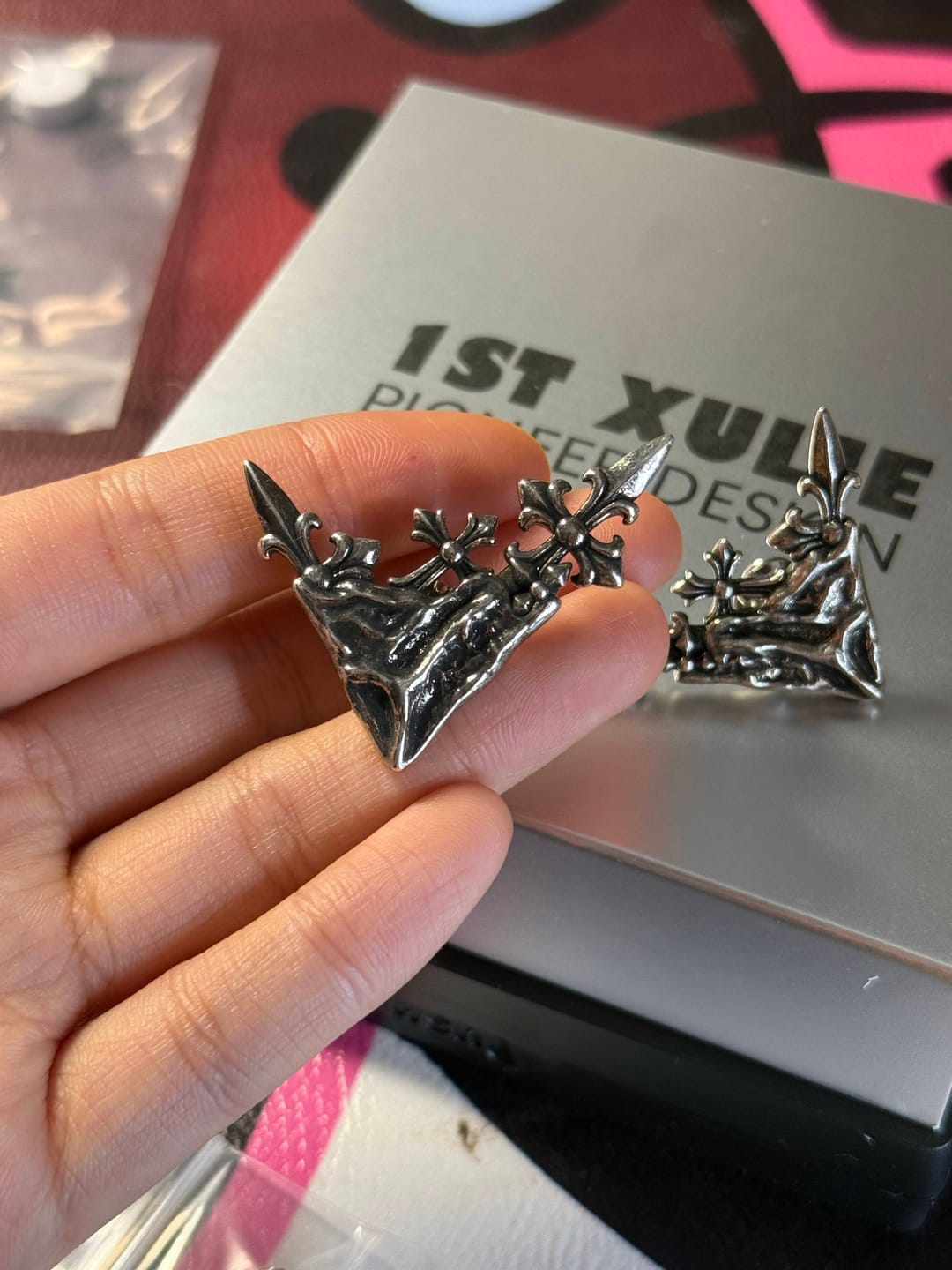 Customer photo review of "Irises" Oxidized Silver Plated Vintage Iris Brooches, Floral Pin