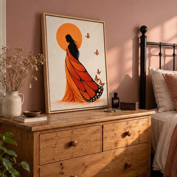Customer photo review of Orange Butterfly Dress Woman Canvas Wall Art