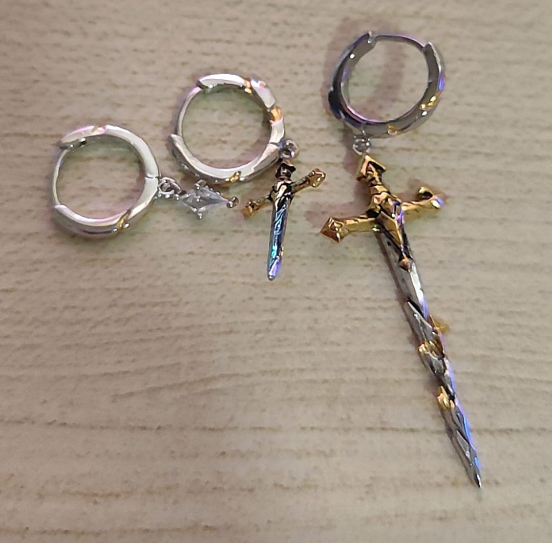 Customer photo review of "Knight's Oath" 18K Gold Plated Sword Dangle Hoop Earrings