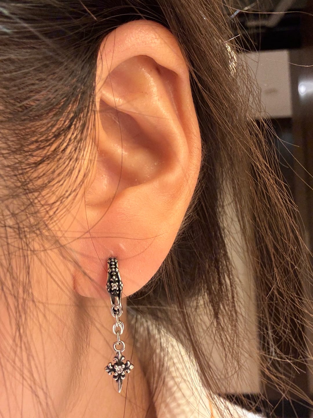 Customer photo review of "Irises" 925 Sterling Silver Gothic Oxidized Dangle Cross Earrings
