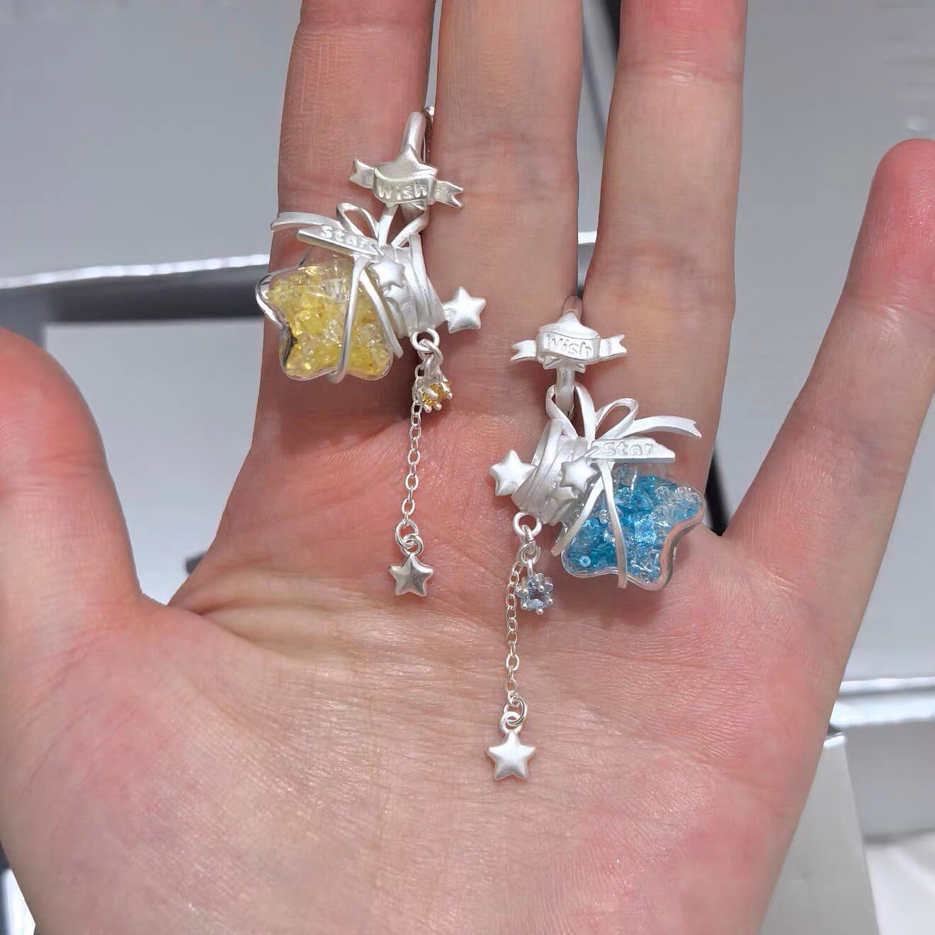 Customer photo review of "WISHING STAR" Platinum Plated Wishing Bottle Dangle Earrings