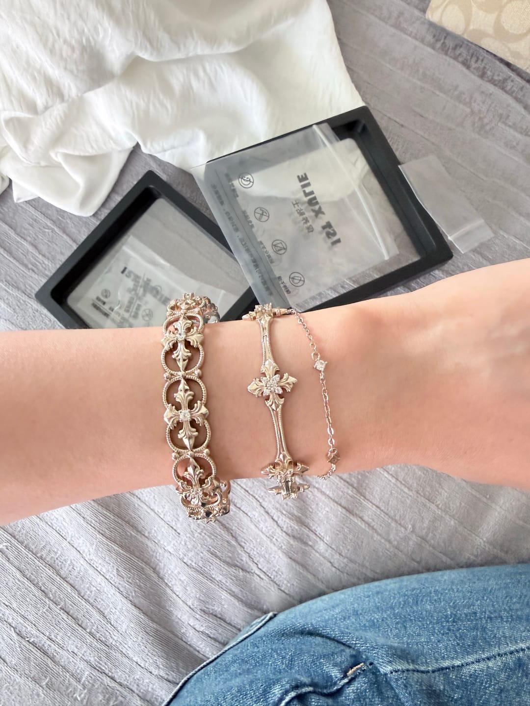 Customer photo review of "Bastet" 14K Gold Plated Vintage Iris Statement Bracelet