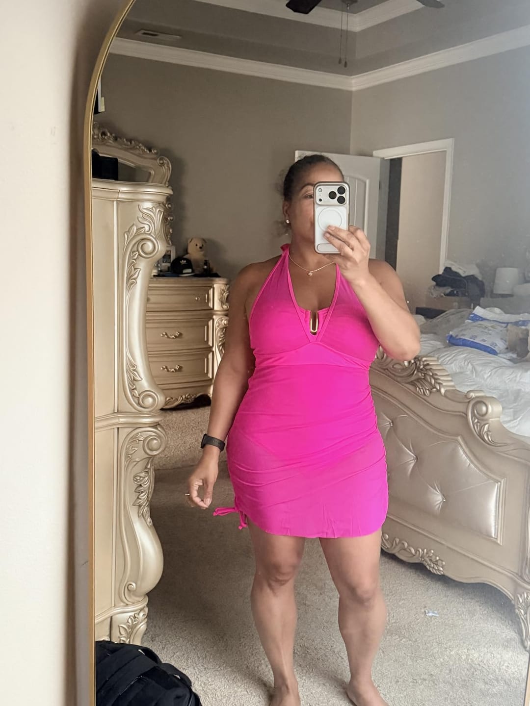 Customer photo review of Womens One Piece Swimsuit Tummy Control Swim Dress Slimming Mesh Sheer Halter Sarong Wraps Bathing Suit