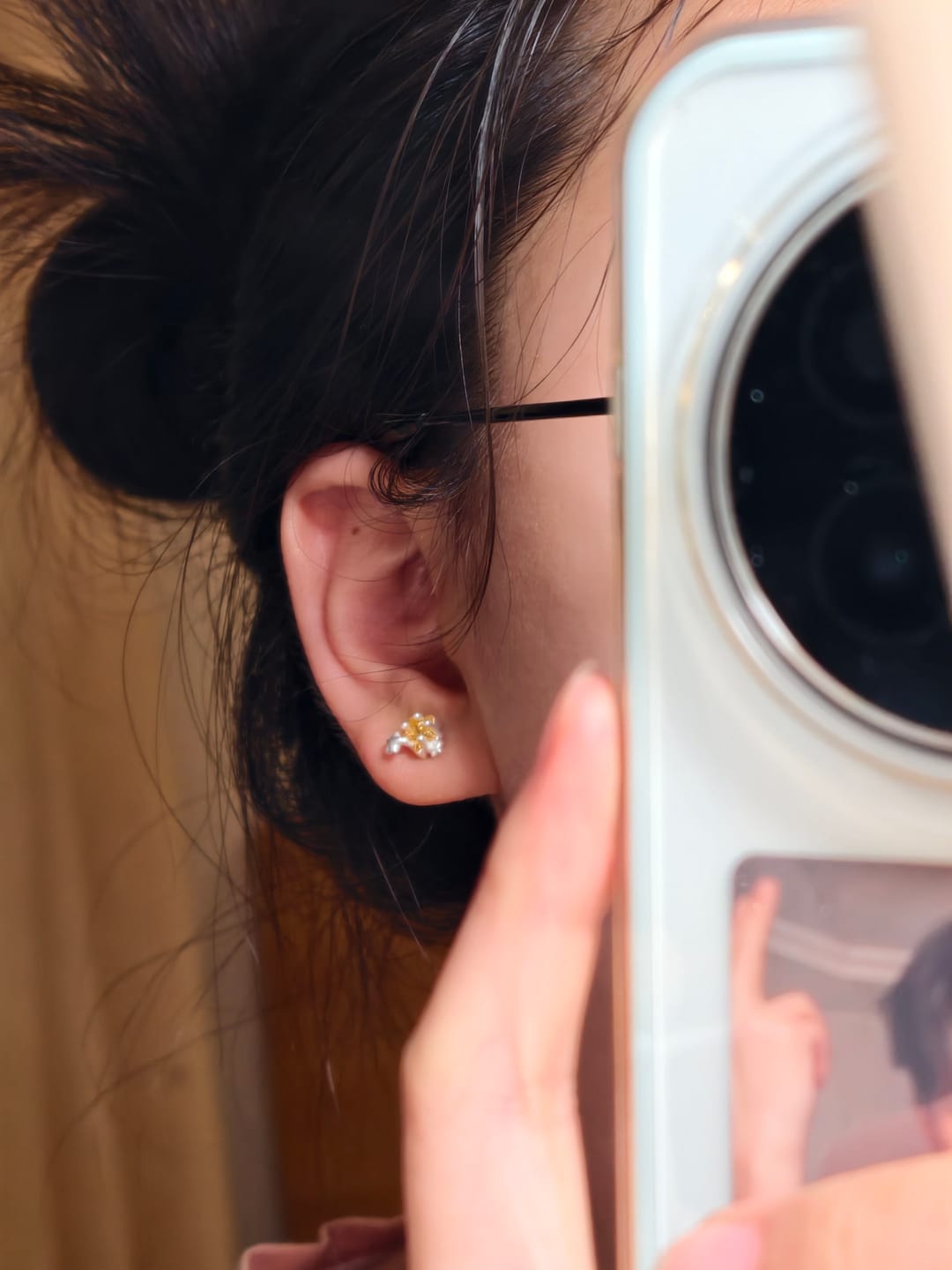 Customer photo review of "WISHING STAR" Rhodium Plated Zirconia Wishing Star Stud Earrings, Celestial Star Earrings