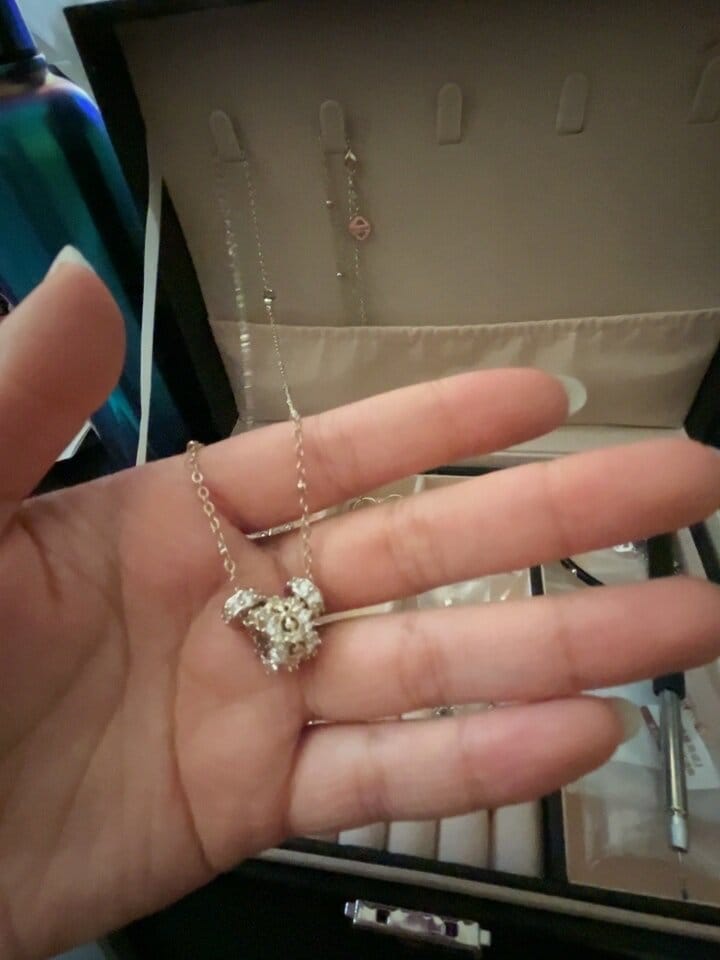 Customer photo review of "Bastet" 14K Gold Plated Vintage Sacred Iris Pendant Necklace, Floral Statement Jewelry