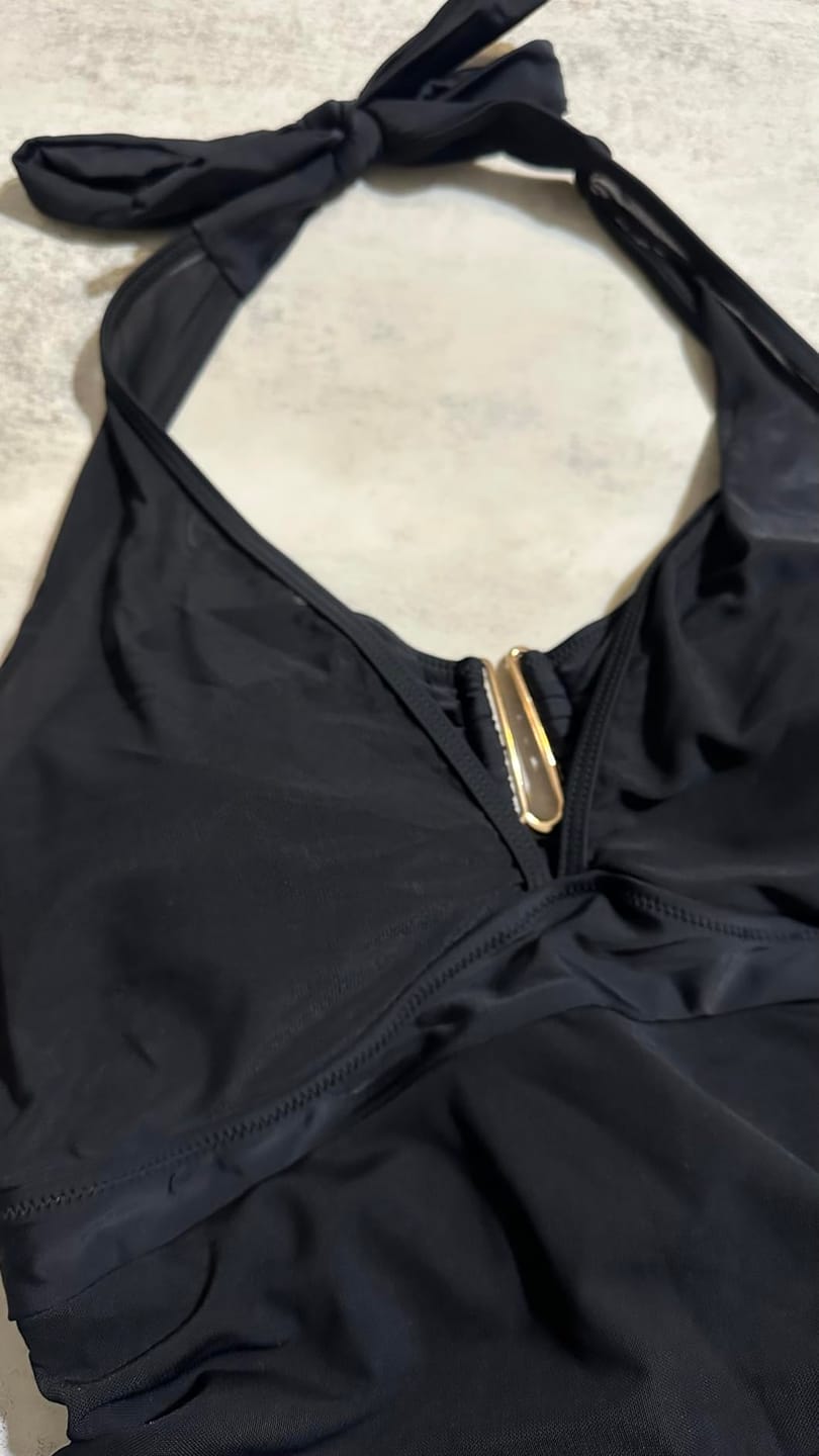 Customer photo review of Womens One Piece Swimsuit Tummy Control Swim Dress Slimming Mesh Sheer Halter Sarong Wraps Bathing Suit