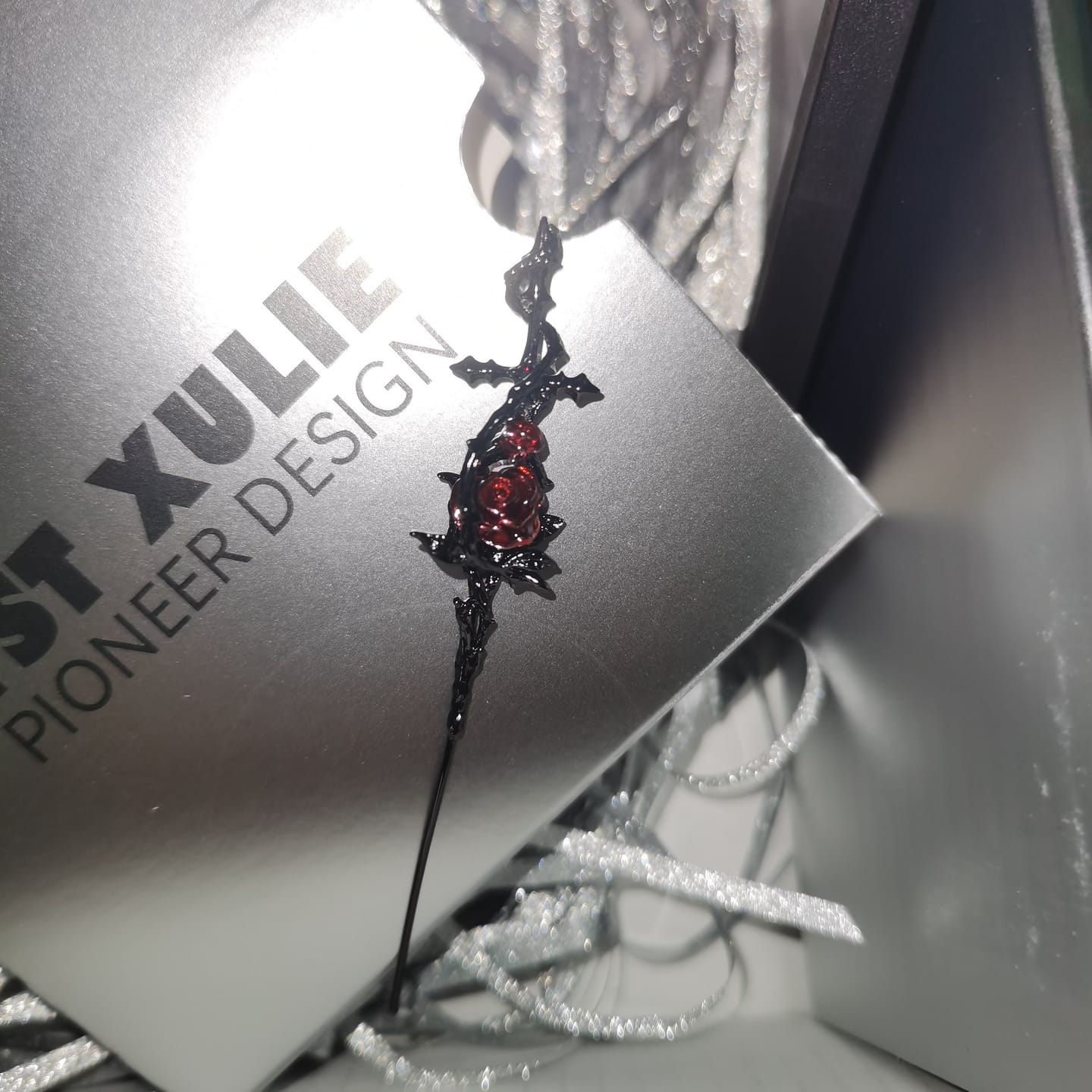 Customer photo review of "TWILIGHT ROSE" Black Gold Plated Gothic Rose Statement Drop Needle Piercing Earring