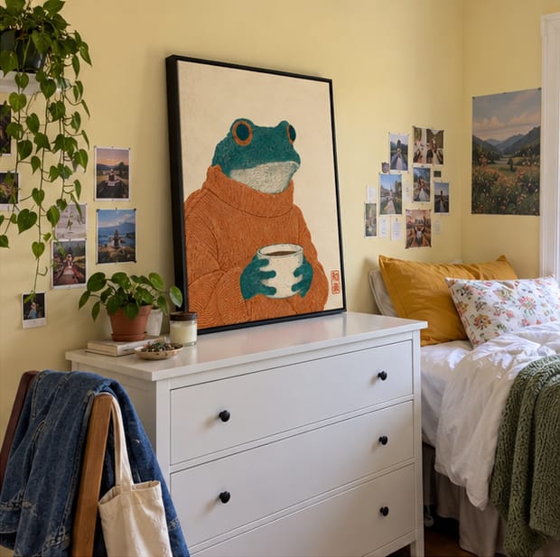 Customer photo review of Cozy Frog with Coffee Canvas Wall Art