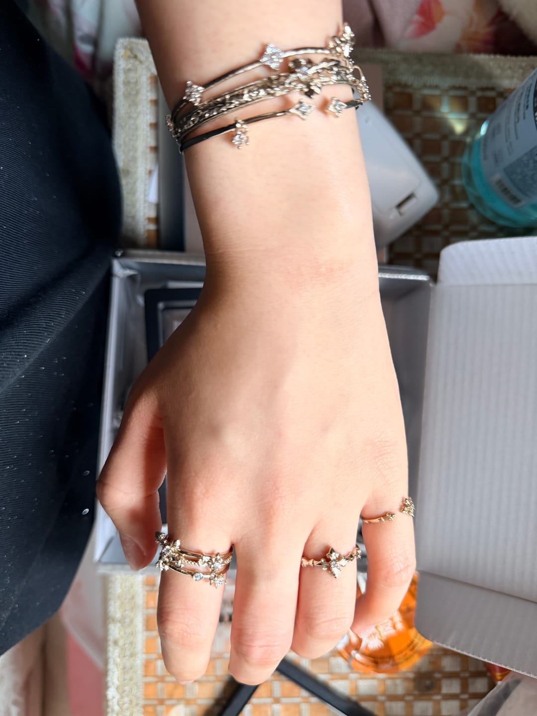 Customer photo review of "Bastet" 14K Gold Plated Vintage Iris Adjustable Bangle, Statement Cuff