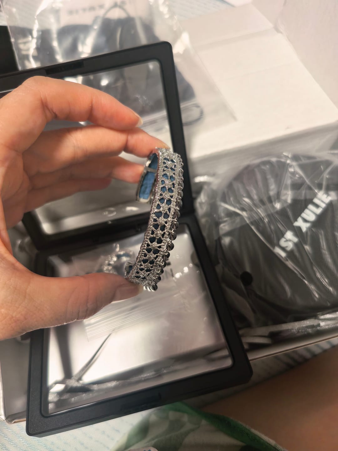 Customer photo review of "MIAO" Platinum Plated Ethnic Tie-Dye Tassel Bangle, Statement Cuff Bracelet