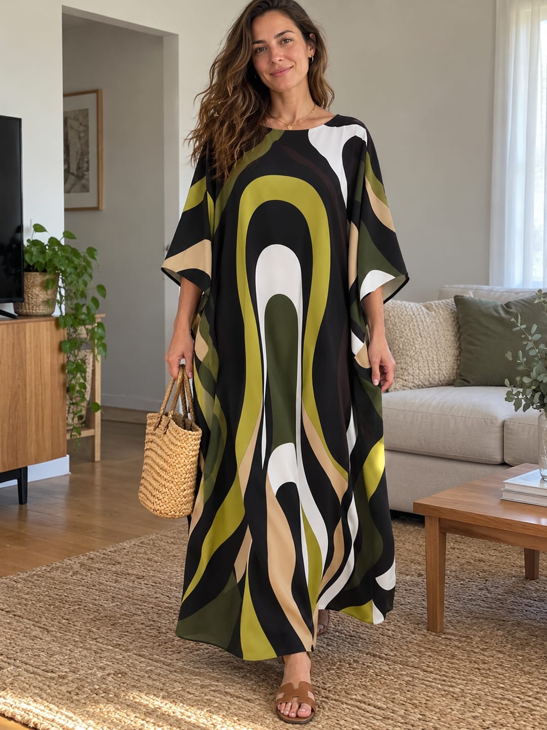 Customer photo review of Printed Contrast Color Three-quarter Sleeves Loose Round-neck Maxi Dresses