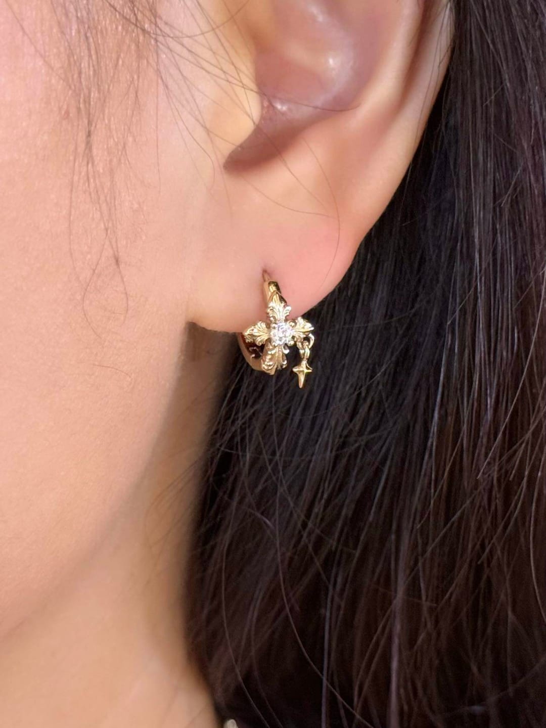 Customer photo review of "Bastet" 14K Gold Plated Fleur-de-Lis Hoop and Stud Earrings