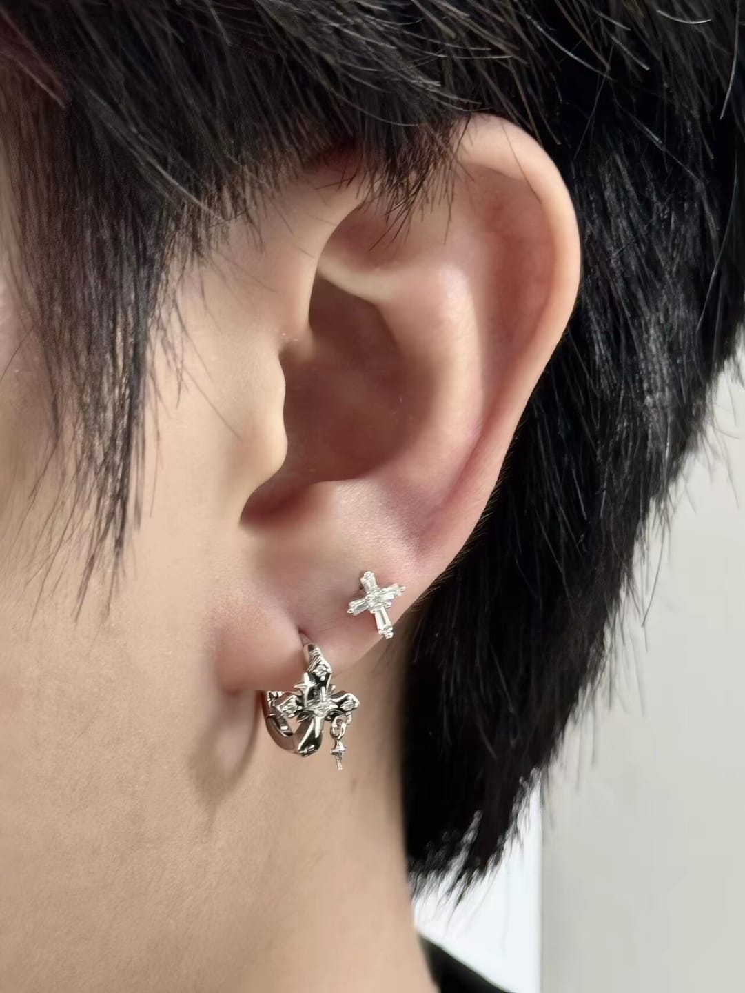 Customer photo review of "Irises" 925 Sterling Silver Vintage Cross Charm Huggie Hoop Earrings