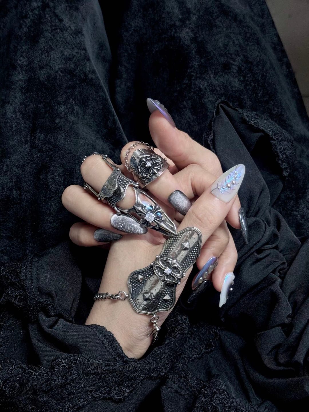 Customer photo review of "Irises" Platinum Plated Gothic Armor and Chain Signet Ring