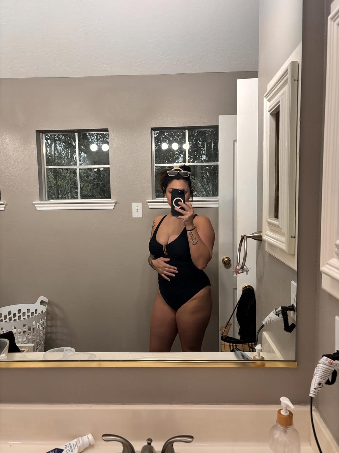Customer photo review of Womens Tummy Control Swimsuits Ruched Slimming One Piece Bathing Suit Deep V Neck Swimsuit