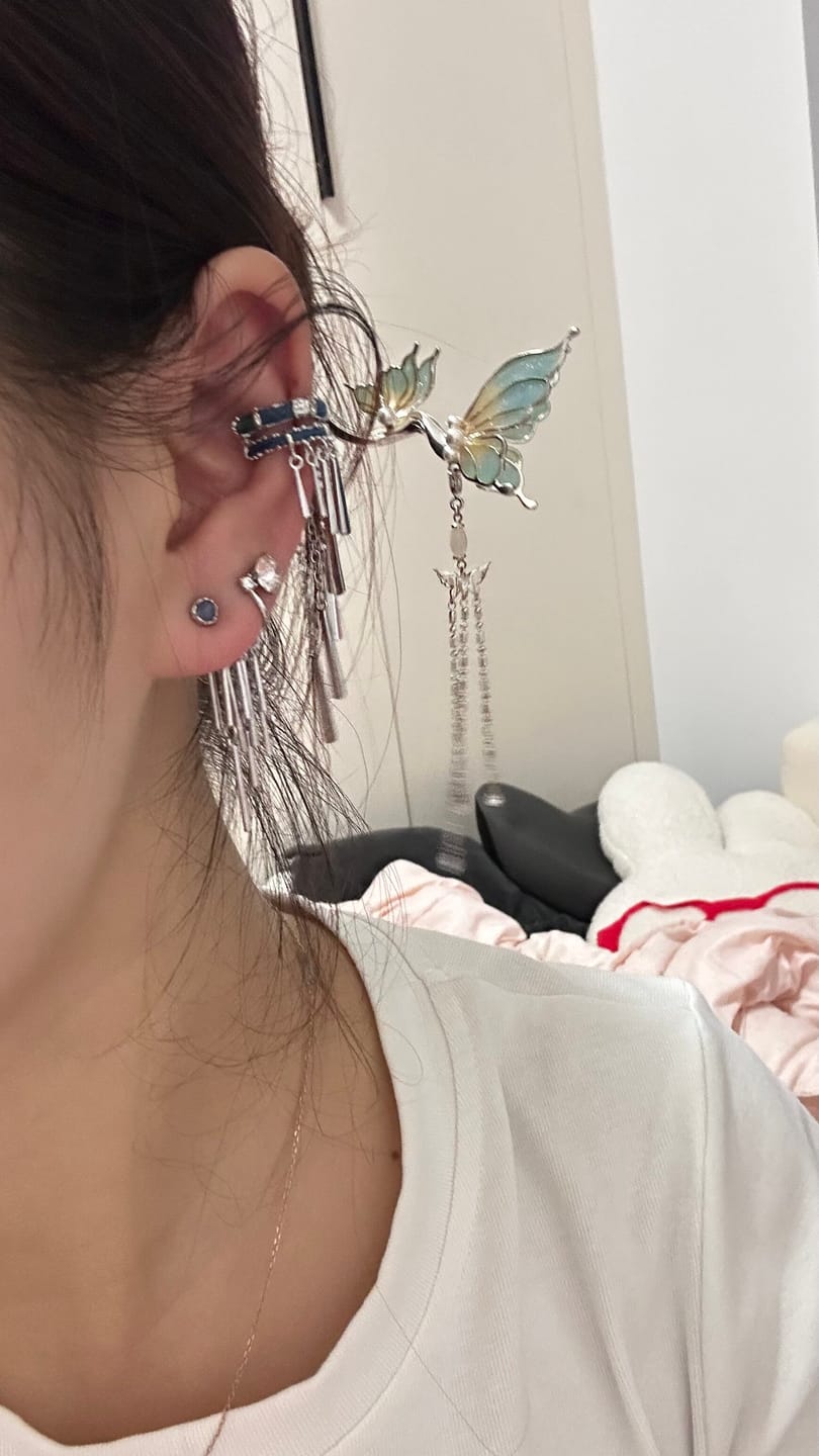 Customer photo review of "MIAO" Platinum Plated Miao Ethnic Tassel Ear Cuffs, Non-Pierced Dangle Earrings