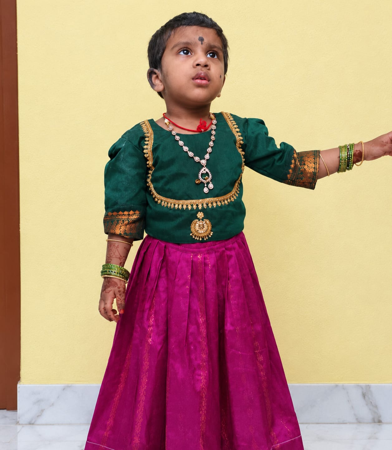 Customer photo review of Little Lakshmi Traditional pavadai pure cotton with zari weaving and hand embroidery langa blouse set for baby girl