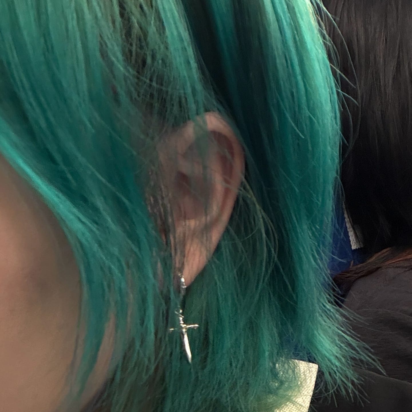 Customer photo review of "Knight's Oath" 18K Gold Plated Sword Dangle Hoop Earrings
