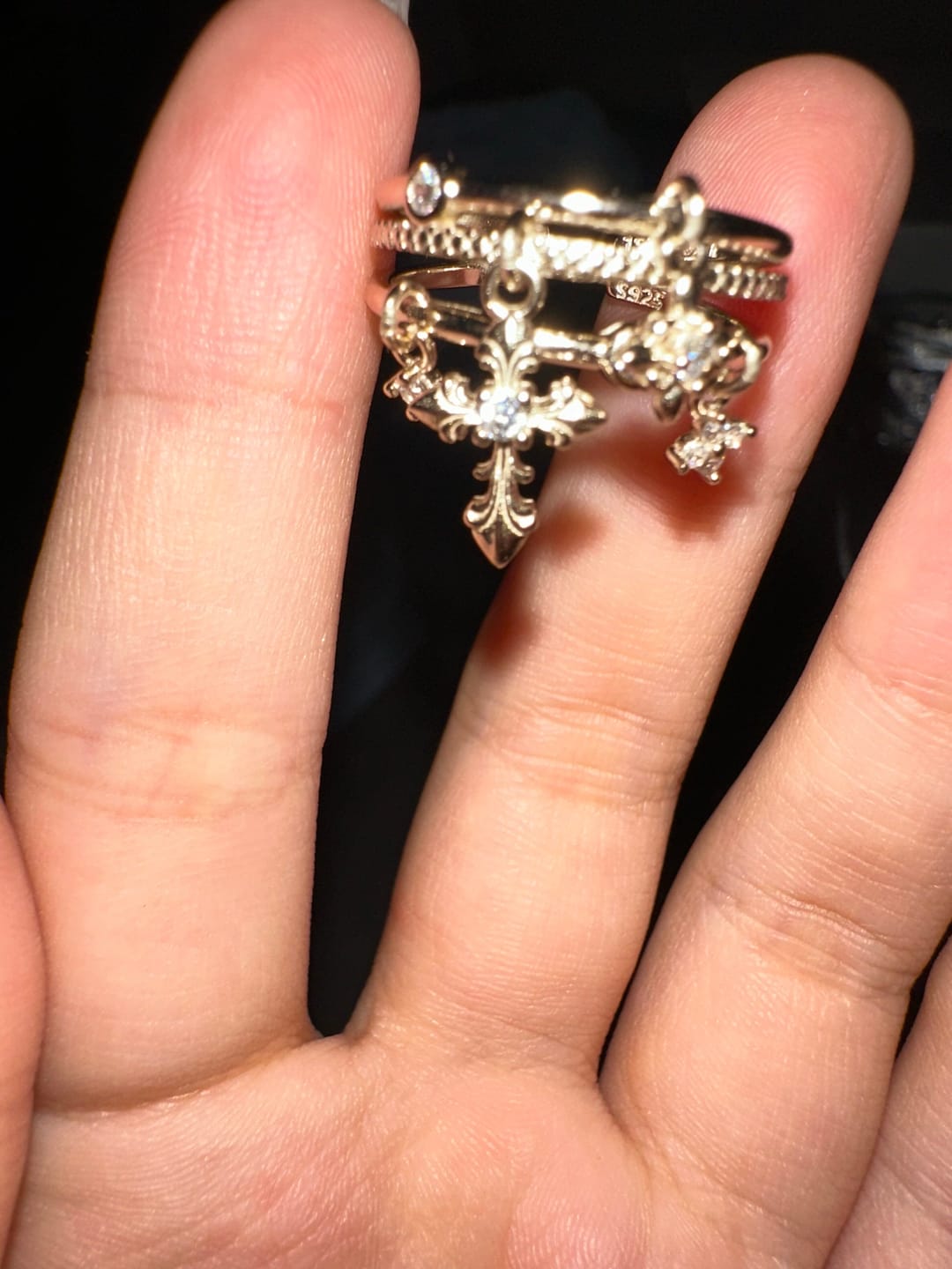 Customer photo review of "Bastet" 14K Gold Plated Iris Dangle Adjustable Ring, Statement Floral Jewelry
