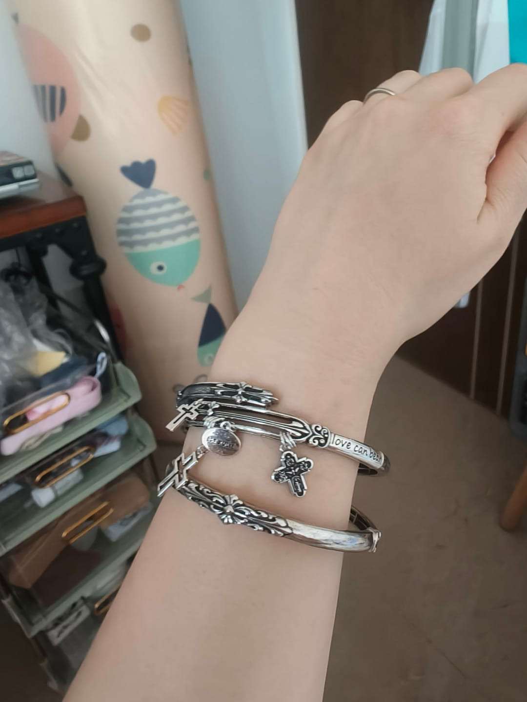 Customer photo review of "Irises" Rhodium Plated Vintage Oxidized Cross Cuff Bangle, Statement Cuff Bracelet