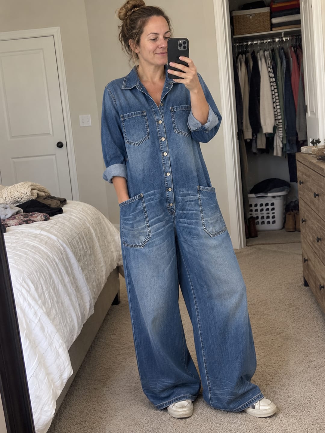 Customer photo review of Split-Joint Pockets Buttoned Loose Long Sleeves Lapel Jumpsuits