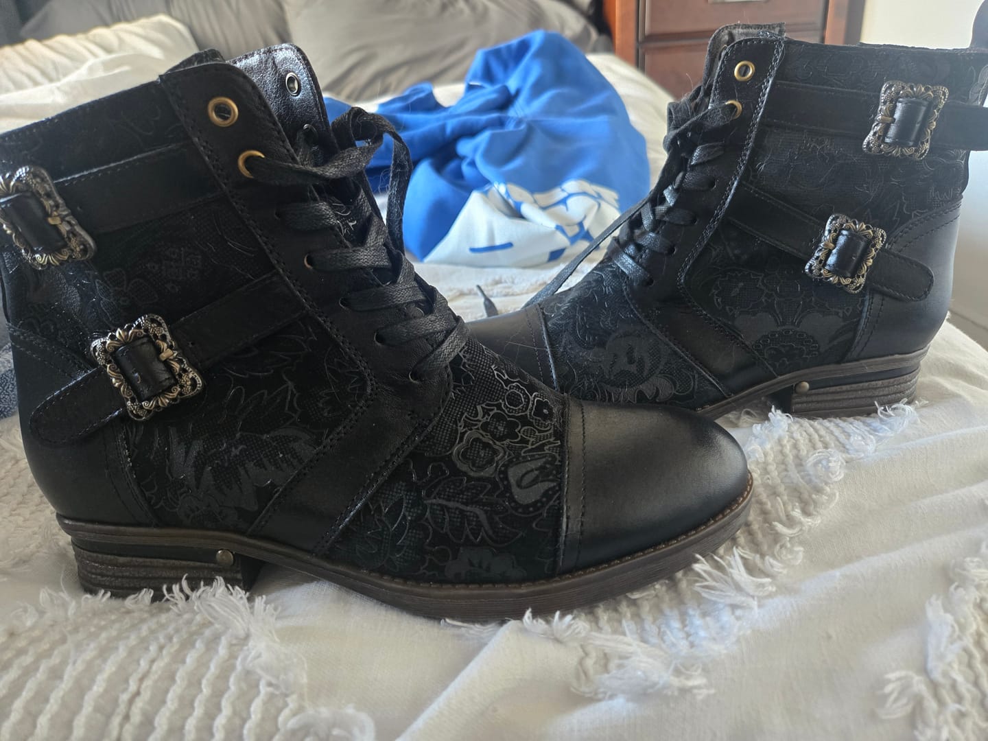 Customer photo review of Timeless Grace Floral Lace-Up Flat Ankle Boots