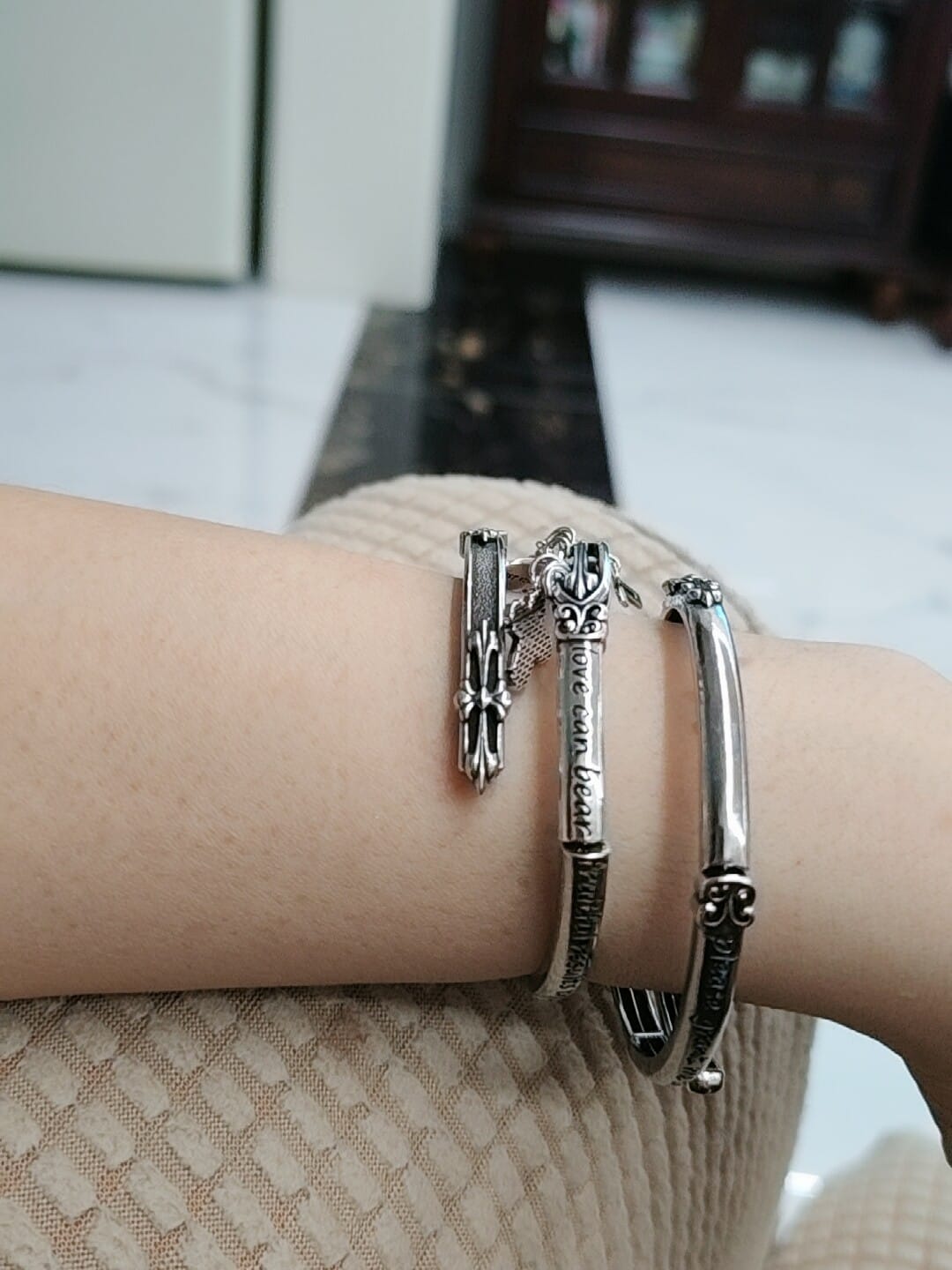 Customer photo review of "Irises" Rhodium Plated Vintage Oxidized Cross Cuff Bangle, Statement Cuff Bracelet