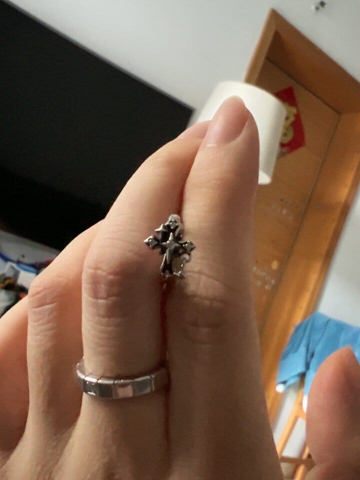Customer photo review of "Irises" 925 Sterling Silver Vintage Cross Charm Huggie Hoop Earrings