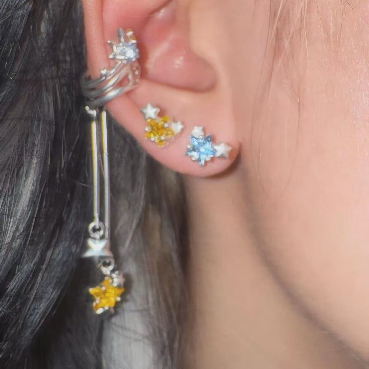 Customer photo review of "WISHING STAR" Rhodium Plated Zirconia Wishing Star Stud Earrings, Celestial Star Earrings