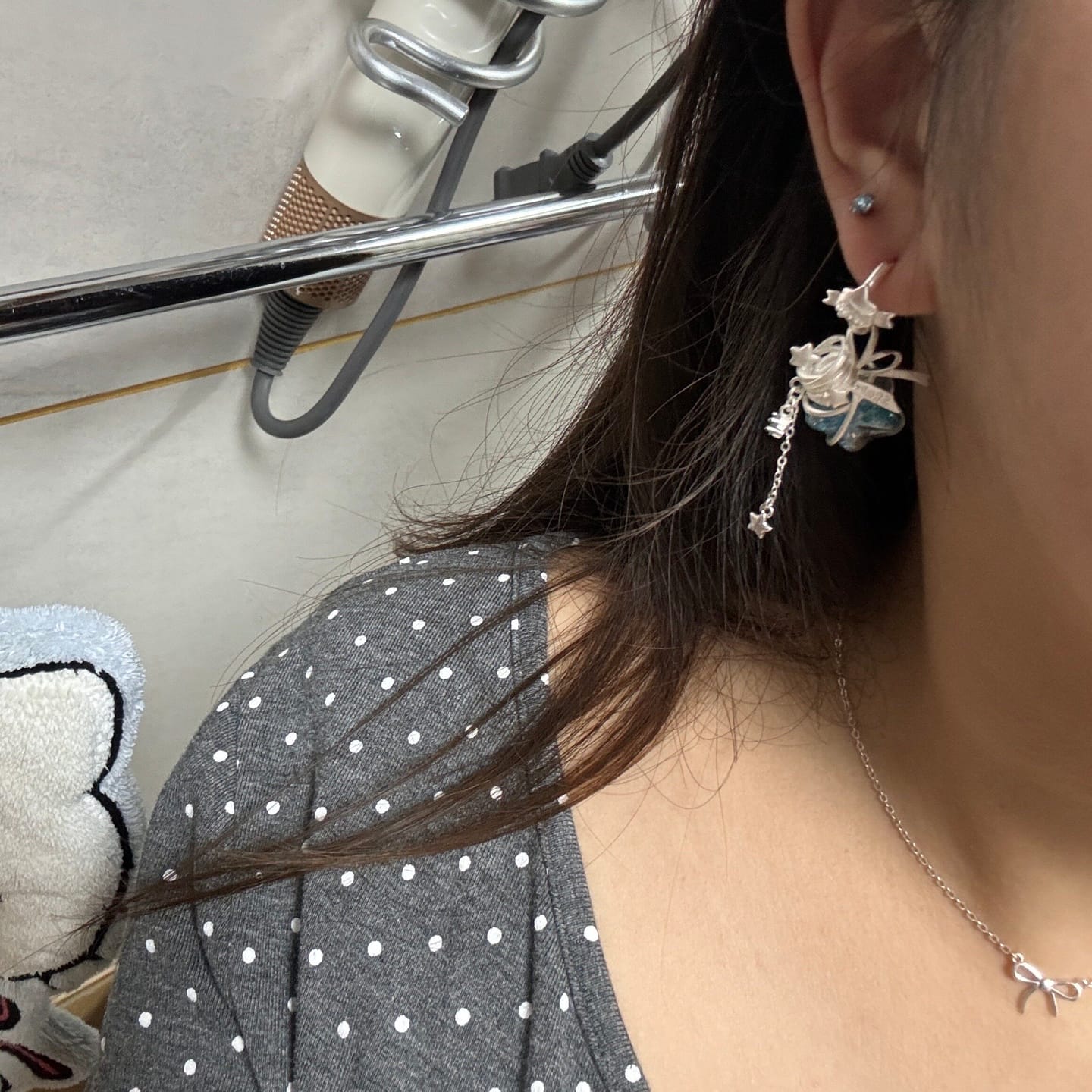 Customer photo review of "WISHING STAR" Platinum Plated Wishing Bottle Dangle Earrings