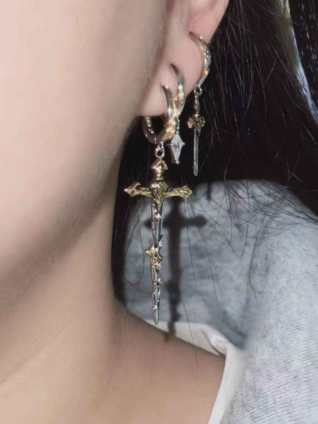 Customer photo review of "Knight's Oath" 18K Gold Plated Sword Dangle Hoop Earrings