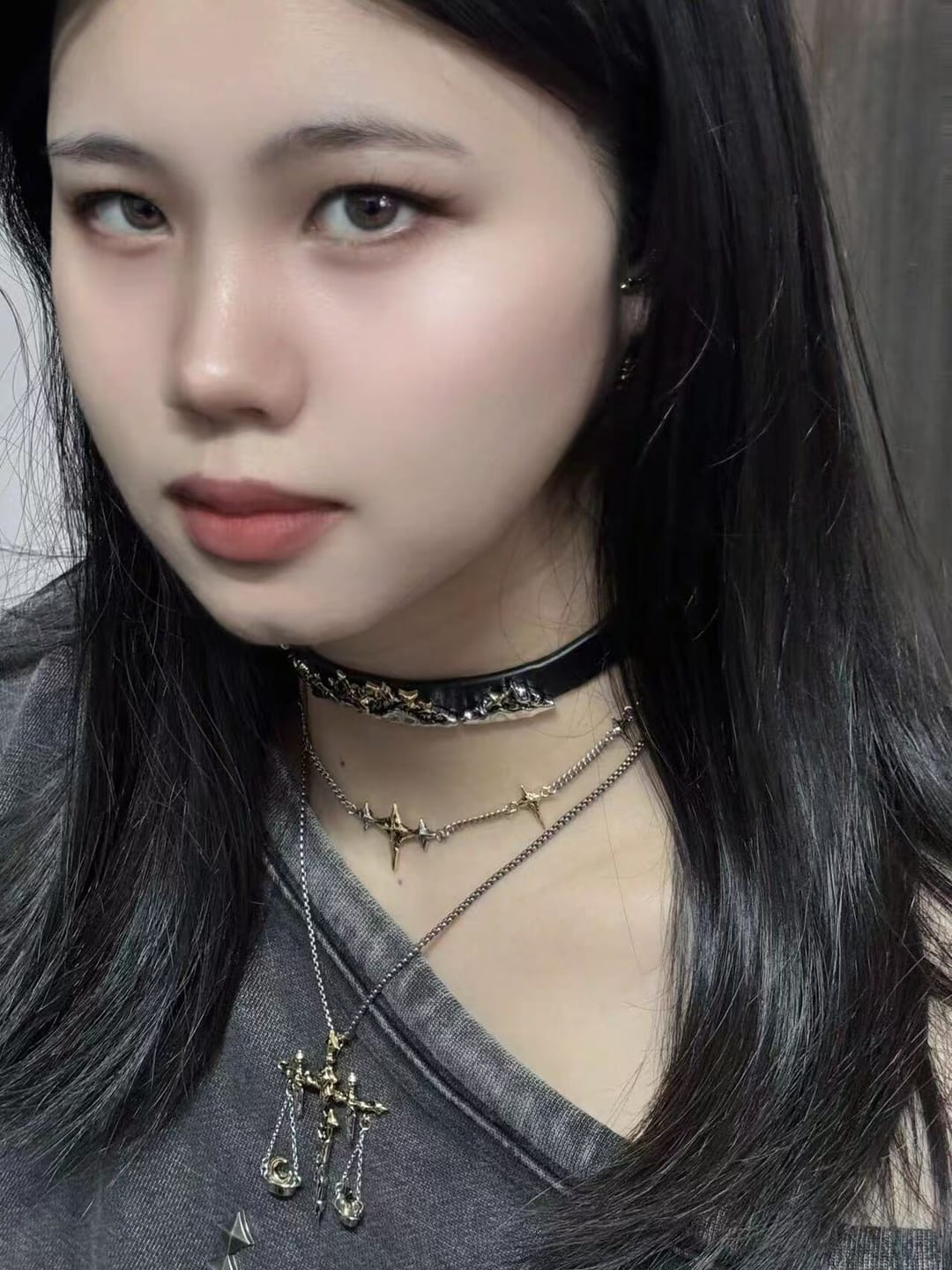 Customer photo review of "Knight's Oath" 18K Gold Plated Sword Leather Choker Necklace, Statement Pendant Necklace