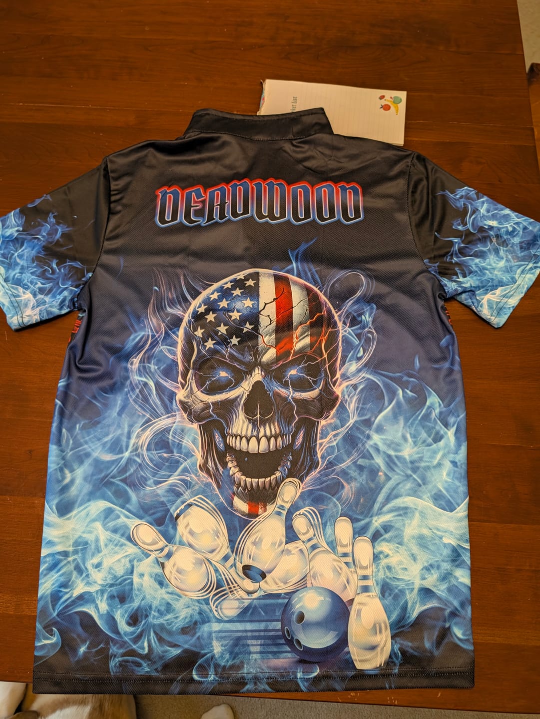 Customer photo review of Blue Flame Smoke American Flag Eagle Skull Mens Bowling Shirts Custom Patriotic Bowling Team Jersey NQS9659
