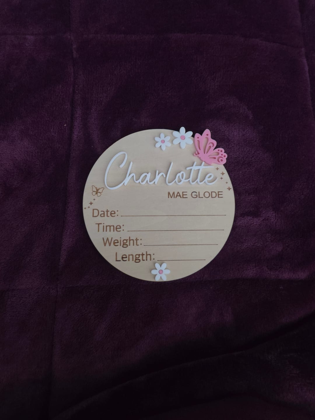 Customer photo review of Personalised Baby Birth Announcement Plaque - Butterfly & Flowers