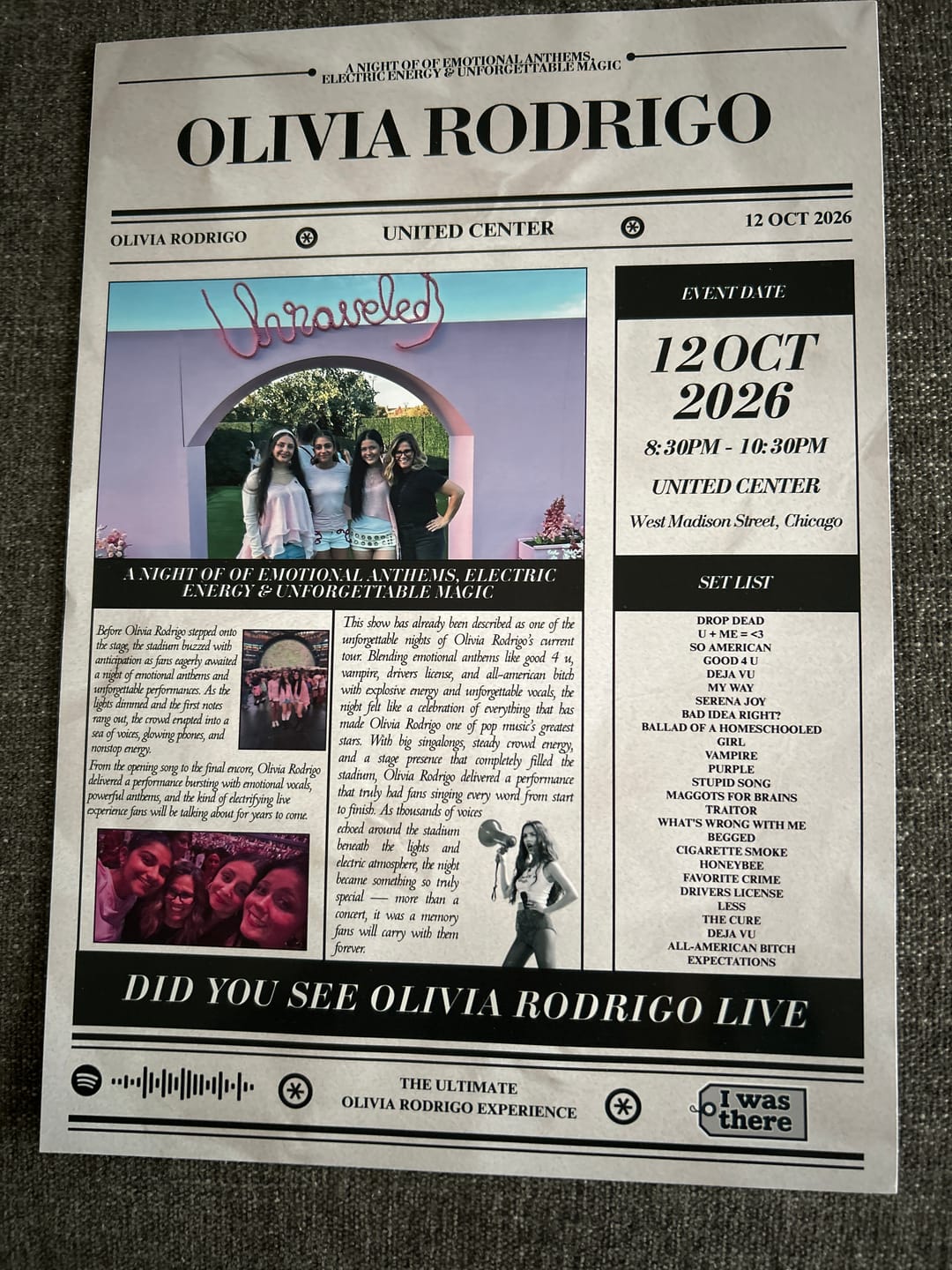 Customer photo review of Olivia Rodrigo - Personalised Newspaper Style Concert Poster (USA Tour)
