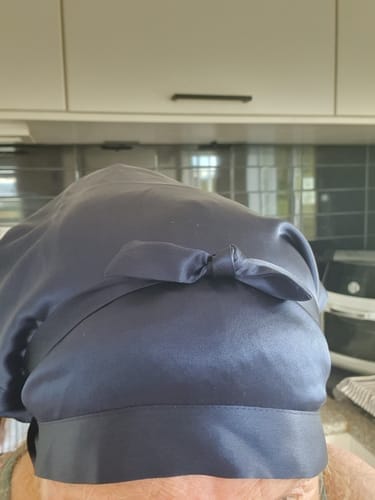 Customer photo review of Extra Large Adjustable Silk Hair Bonnet Turban - Navy