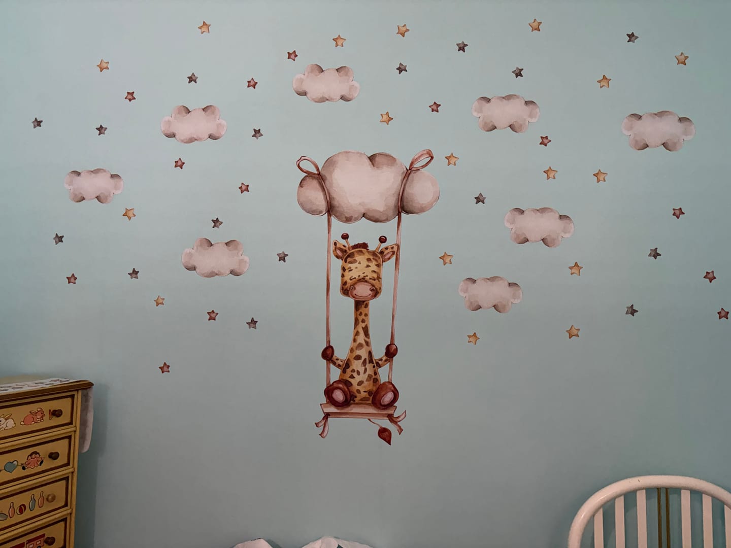 Customer photo review of Giraffe On The Swings — Watercolor Nursery Wall Decal