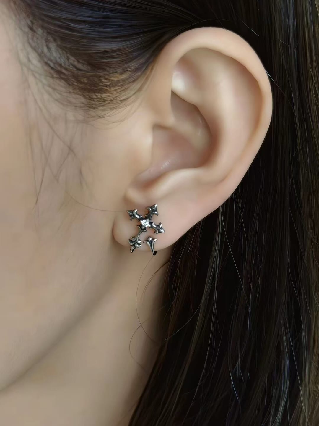 Customer photo review of "Irises" 925 Sterling Silver Oxidized Cross Stud Earrings, Vintage Style