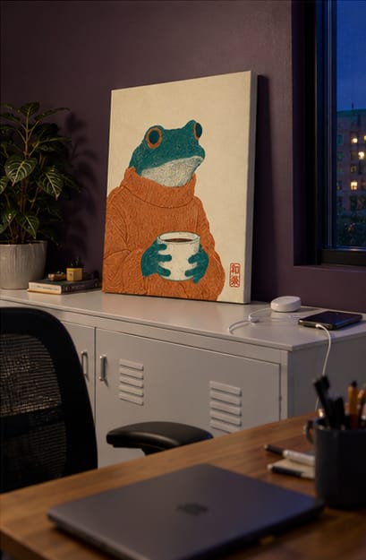 Customer photo review of Cozy Frog with Coffee Canvas Wall Art