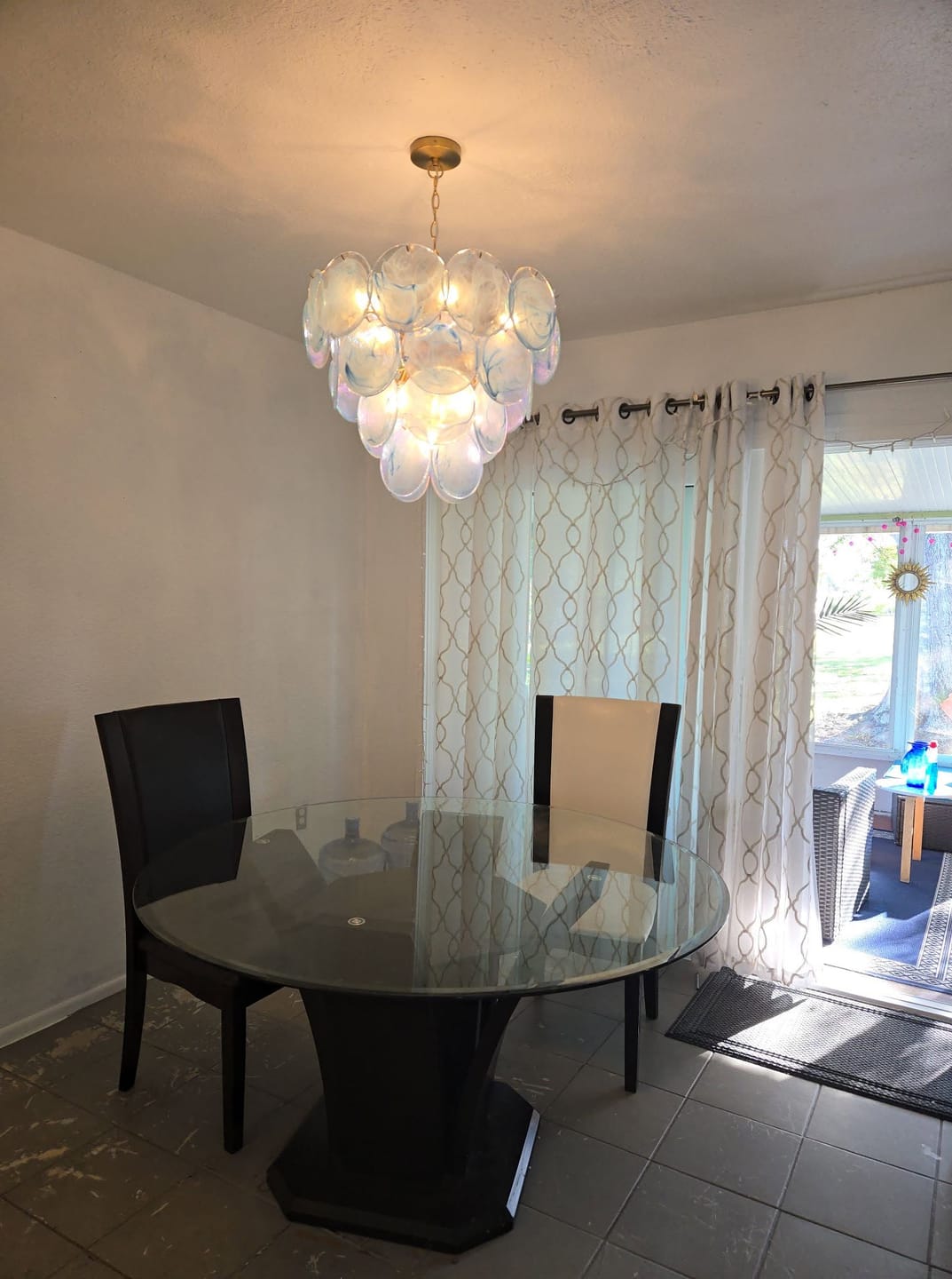 Customer photo review of Glam Blue Iridescent Swirl Glass Round Tiered Chandelier