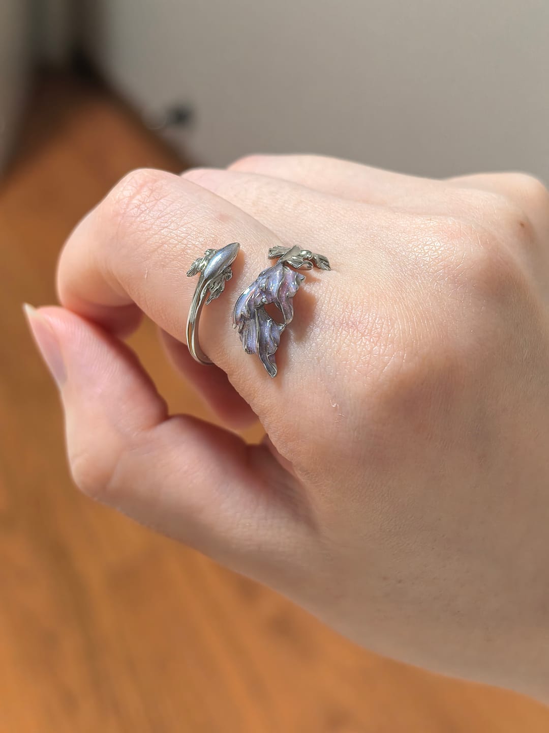 Customer photo review of "ATLANTIS" 925 Sterling Silver Swimming Fish Pink Purple Ring, Hand-Enamelled Adjustable Ring