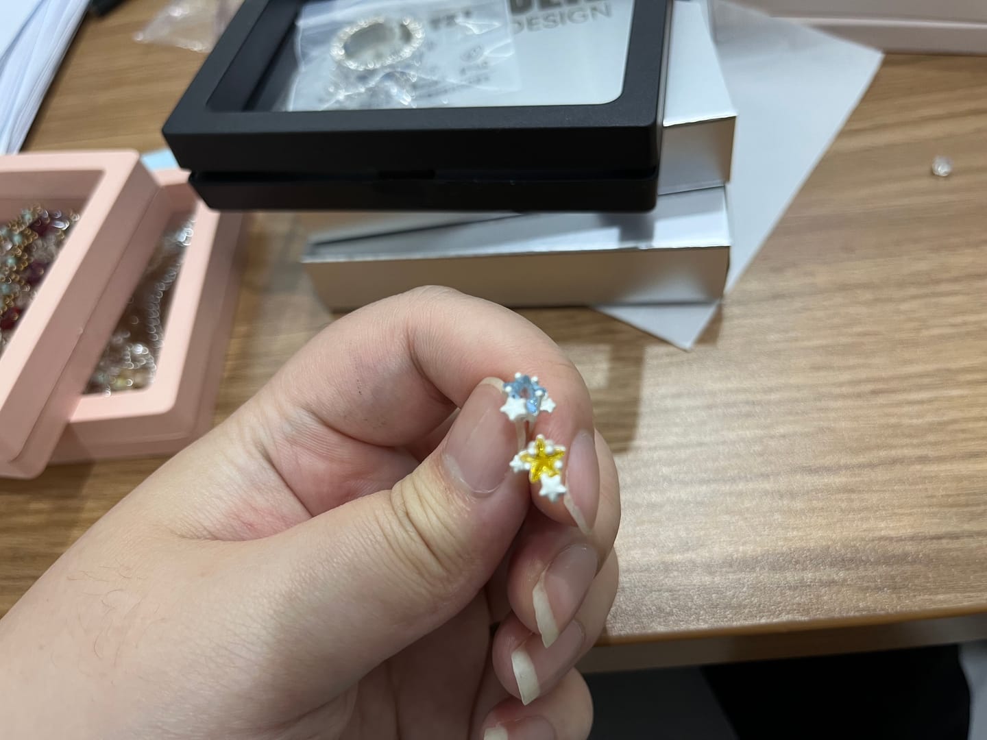 Customer photo review of "WISHING STAR" Rhodium Plated Zirconia Wishing Star Stud Earrings, Celestial Star Earrings