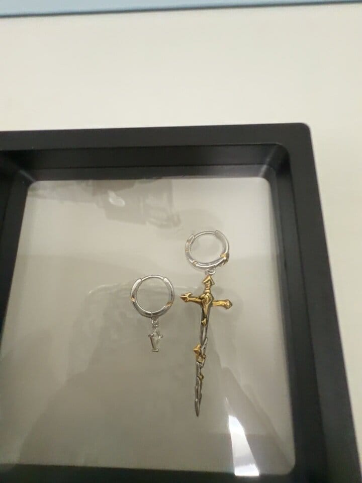 Customer photo review of "Knight's Oath" 18K Gold Plated Sword Dangle Hoop Earrings