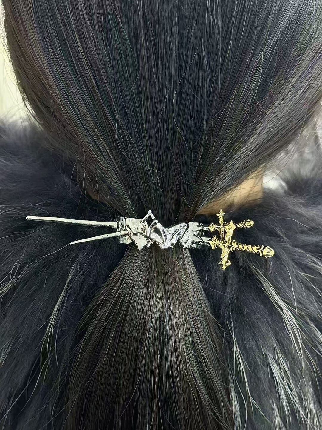 Customer photo review of "Knight's Oath" 18K Gold Plated Knight's Sword Hair Clip, Statement Hair Barrette