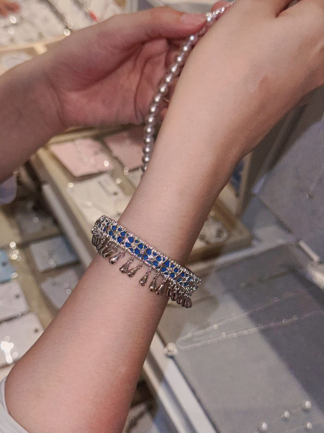 Customer photo review of "MIAO" Platinum Plated Ethnic Tie-Dye Tassel Bangle, Statement Cuff Bracelet