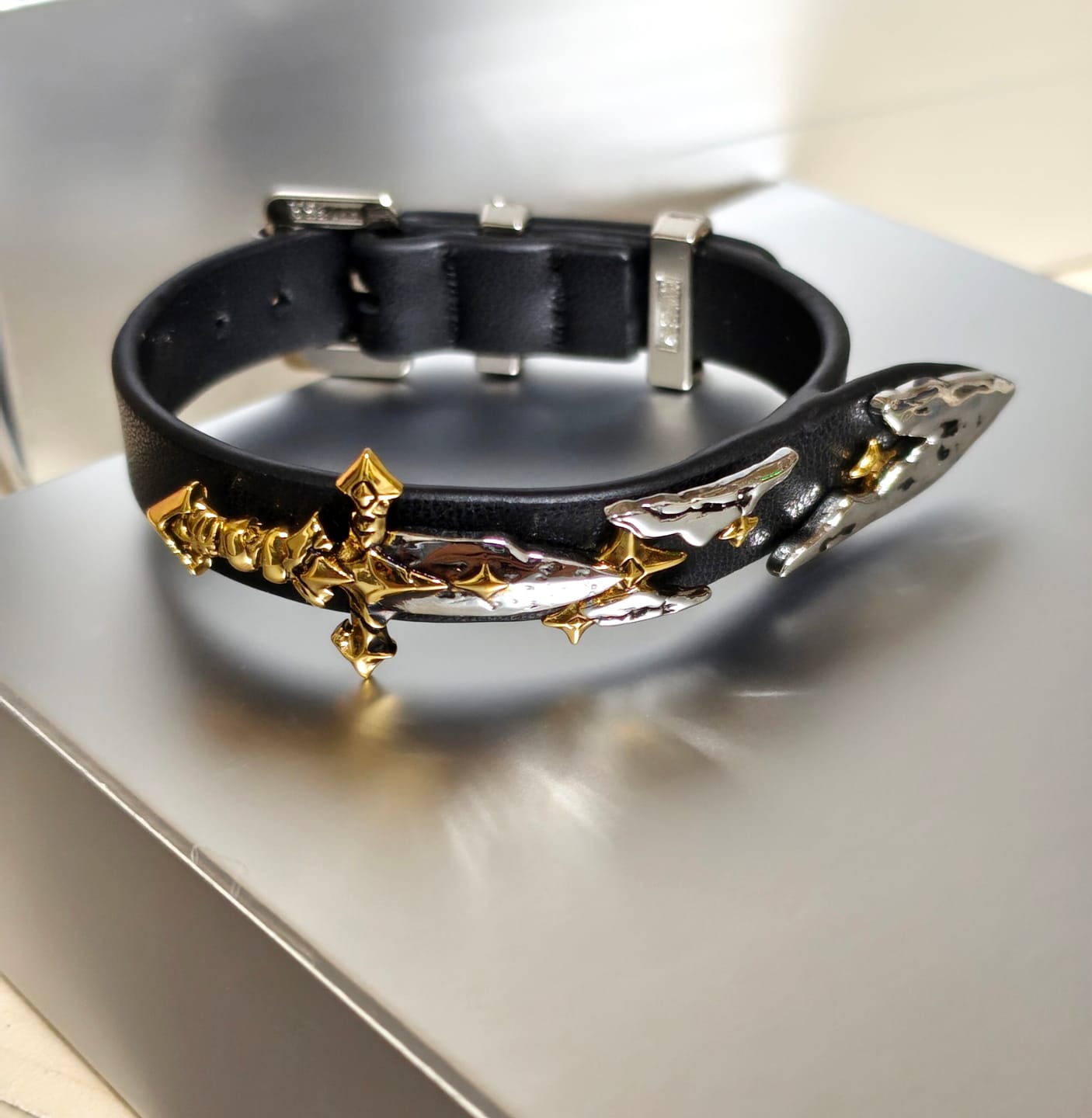Customer photo review of "Knight's Oath" 18K Gold Plated Knight Sword Buckle Bracelet, Microfiber Leather