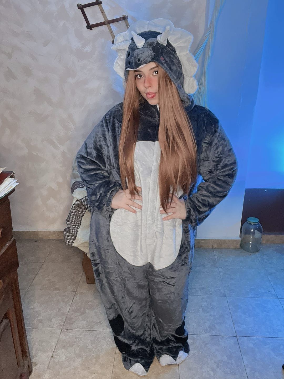 Customer photo review of OLAOLA Unisex Adult Plush Triceratops Animals Onesie Dragon Pajamas Warm Home One-Piece Sleepwear