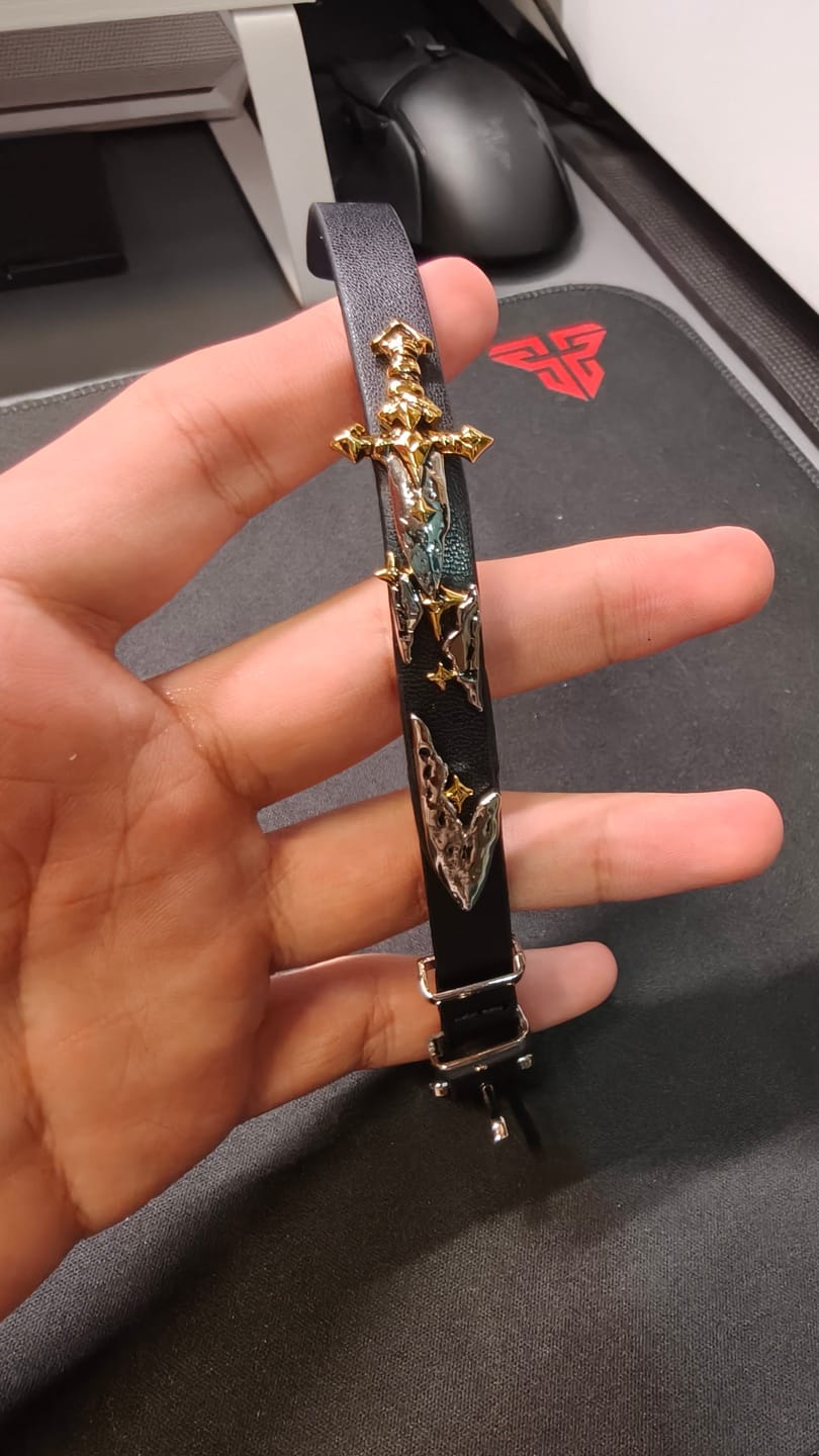Customer photo review of "Knight's Oath" 18K Gold Plated Knight Sword Buckle Bracelet, Microfiber Leather
