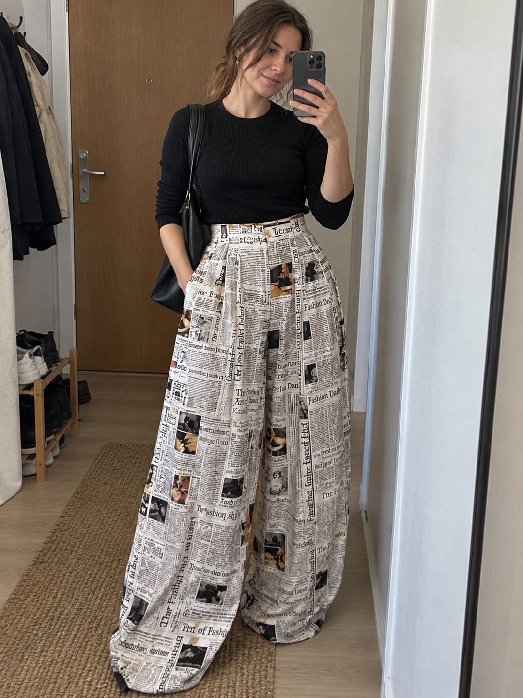Customer photo review of Pockets Newspaper Print Elasticity Wide Leg High Waisted Trousers Pants